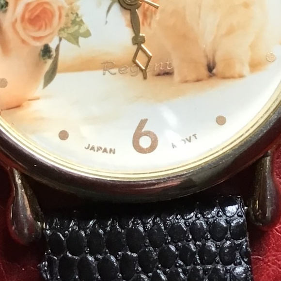 Vintage Regent Watch Cat Flowers Gold Tone Black Leather Wristband Analog Dial - Picture 16 of 16
